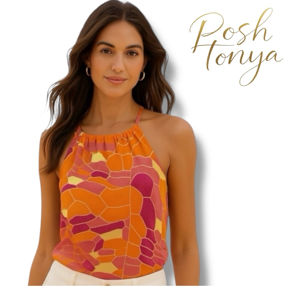 Trina Turk Halter Top Blouse Orange Pink Abstract Print Size P Coastal Resort
